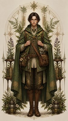 full-body original character: a wandering botanist with a satchel of plants, a patched green cloak, tall boots and round glasses, neutral background