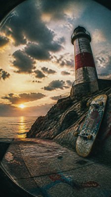 a lone lighthouse on a cliff at dusk under a dramatic sky, no text or lettering