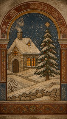 a snow-covered cottage with warm glowing windows beside a decorated pine tree, gentle snowfall, no text