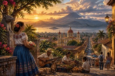 colorful Managua Nicaragua scene with mountain background - delete Sandinista political slogans