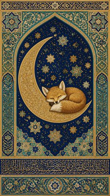 a sleeping baby fox curled on a crescent moon among soft stars, gentle and warm, no text