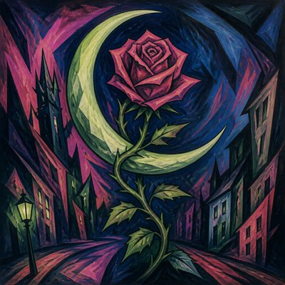 a rose entwined with a crescent moon, clean balanced composition on a plain background, no text