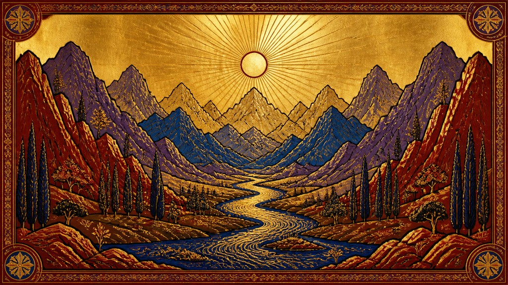 a vast valley with a river winding toward distant mountains at sunrise, no people, no text