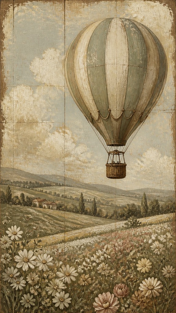 a hot air balloon drifting over rolling flower fields on a sunny day, cheerful, no text