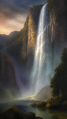 towering waterfall cascading down a cliff