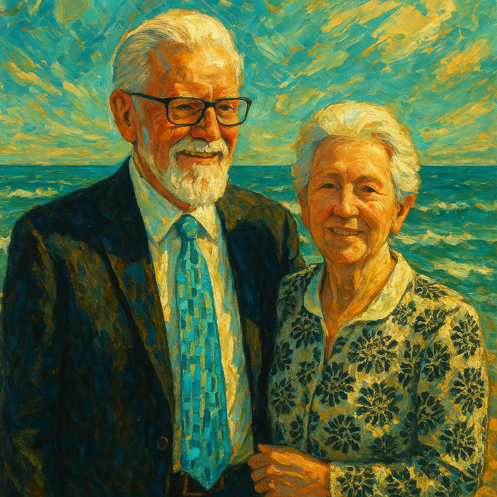 a painting of an older couple standing next to each other