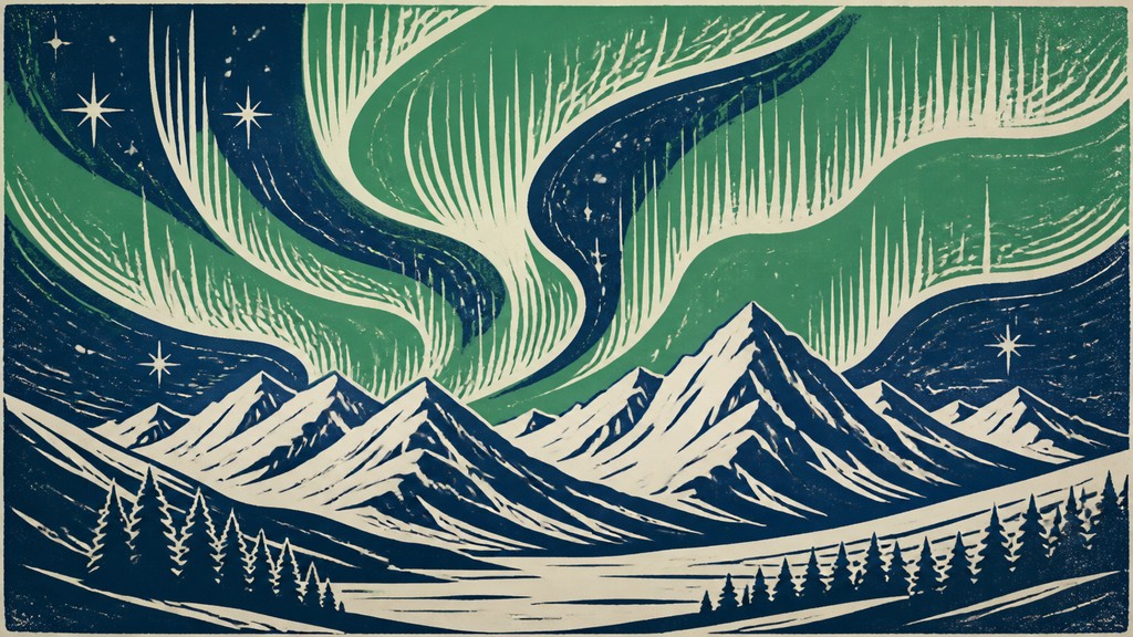 a flowing aurora over snowy peaks, wide sweeping composition, no people, no text