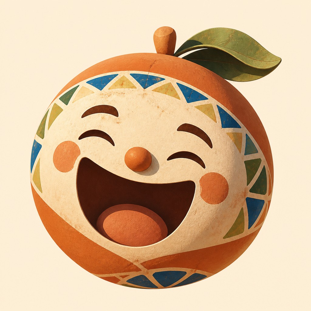 an exaggerated laughing face of an original round mascot character, bold and readable at small size, plain background, no text