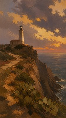 a lone lighthouse on a cliff at dusk under a dramatic sky, no text or lettering