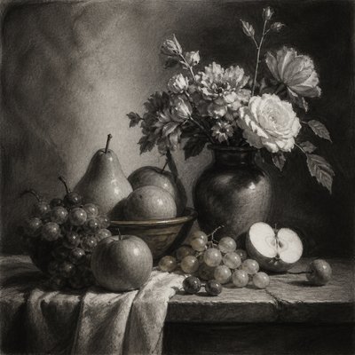 still life arrangement of fruits and flowers