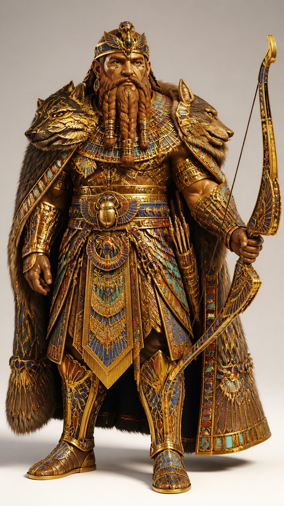 full-body original character: a dwarven ranger with a braided auburn beard, worn leather armor, a longbow and a wolf-pelt cloak, neutral background, no text