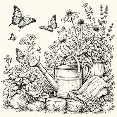 a garden scene with butterflies, flowers and a watering can, clean uncolored line art, no text