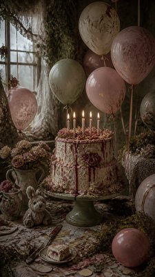 a birthday cake with lit candles surrounded by balloons and confetti, festive vertical composition, no text