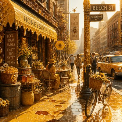 urban street with city activity — Honeycore Aesthetic