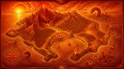 a map of an island realm with mountains, forests, a sheltered bay, sea monsters in the water and a compass rose, no text labels