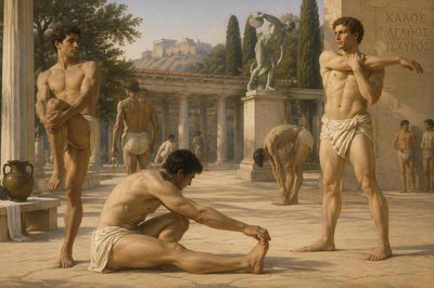 ancient greek athletes do stretching exercises at the gymnasium