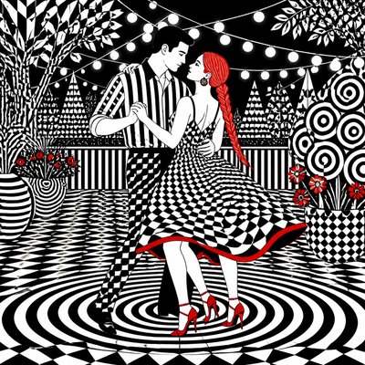 an original couple dancing under string lights in a garden at dusk: a man with short black hair in a linen shirt and a woman with braided red hair in a summer dress