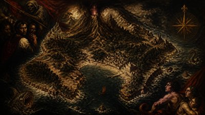 a map of an island realm with mountains, forests, a sheltered bay, sea monsters in the water and a compass rose, no text labels