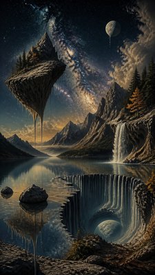 a tranquil mountain lake beneath a starry night sky, no people, no text