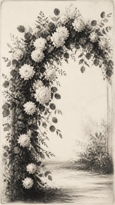 an arch of white roses and eucalyptus in soft morning light, elegant vertical composition with open space, no text