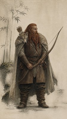 full-body original character: a dwarven ranger with a braided auburn beard, worn leather armor, a longbow and a wolf-pelt cloak, neutral background, no text