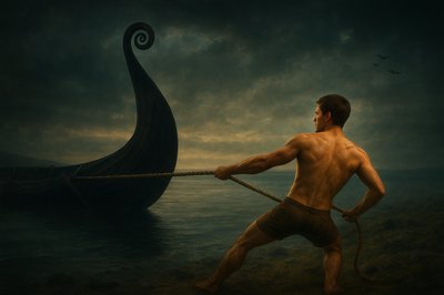 a painting of a man pulling a boat with a rope