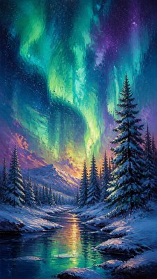a snowy pine forest under the northern lights, no people