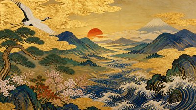 a vast valley with a river winding toward distant mountains at sunrise, no people, no text