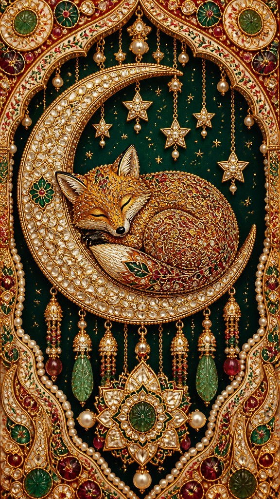 a sleeping baby fox curled on a crescent moon among soft stars, gentle and warm, no text