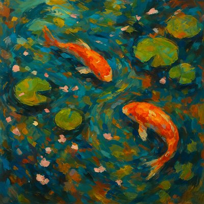 A koi pond seen from above, orange and white koi fish swimming among lily pads, clear water with subtle ripples, fallen cherry blossom petals floating on the surface, dappled sunlight