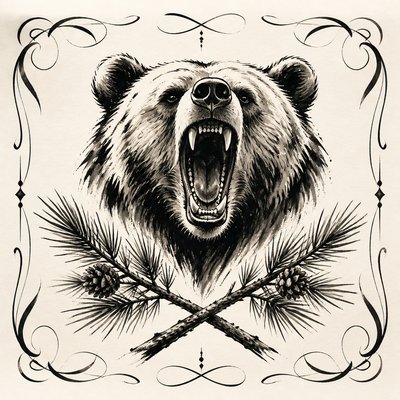 a roaring bear head above crossed pine branches, bold graphic composition on a plain background, no text