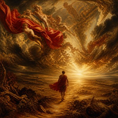 a solitary figure walking toward a glowing horizon across an empty plain, moody atmosphere, no text or lettering