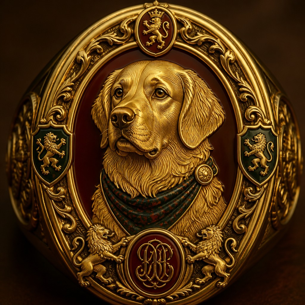 portrait of a golden retriever wearing a blue bandana, warm plain backdrop, no text