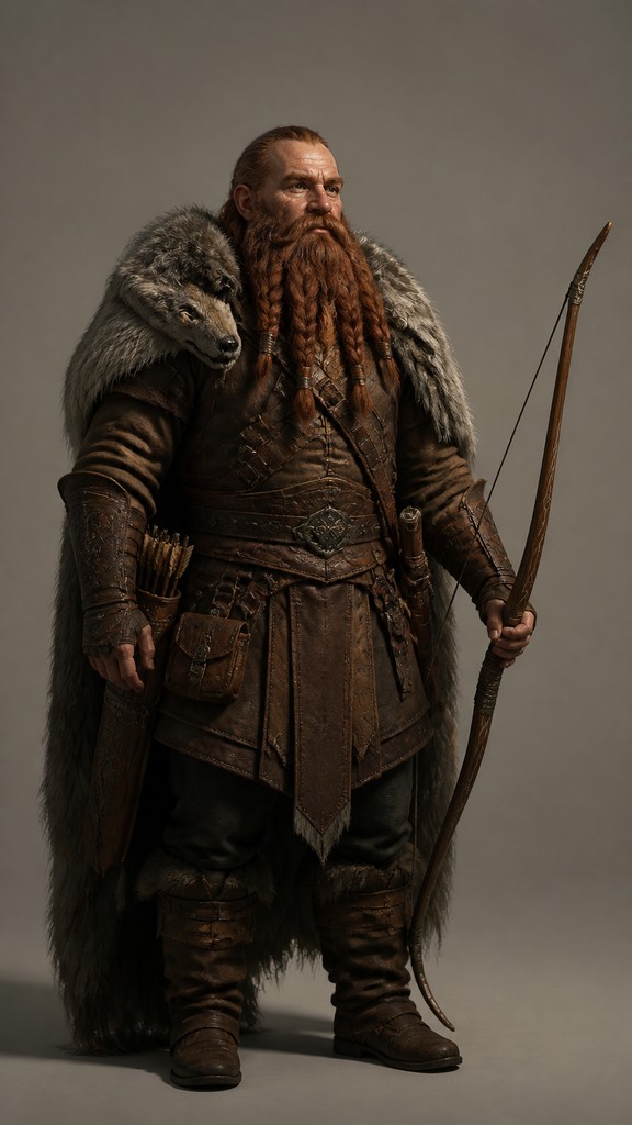 full-body original character: a dwarven ranger with a braided auburn beard, worn leather armor, a longbow and a wolf-pelt cloak, neutral background, no text