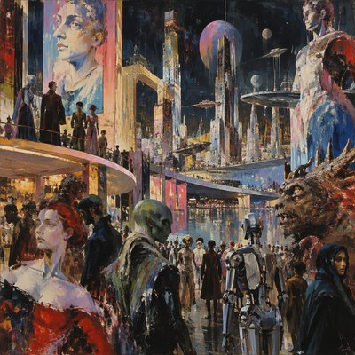 an amazing city at night, 500 years into the future, with aliens and monsters and robots and humans