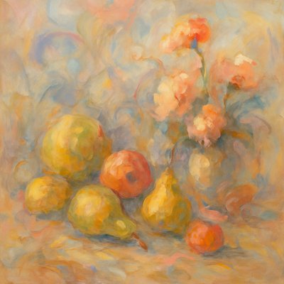 still life arrangement of fruits and flowers