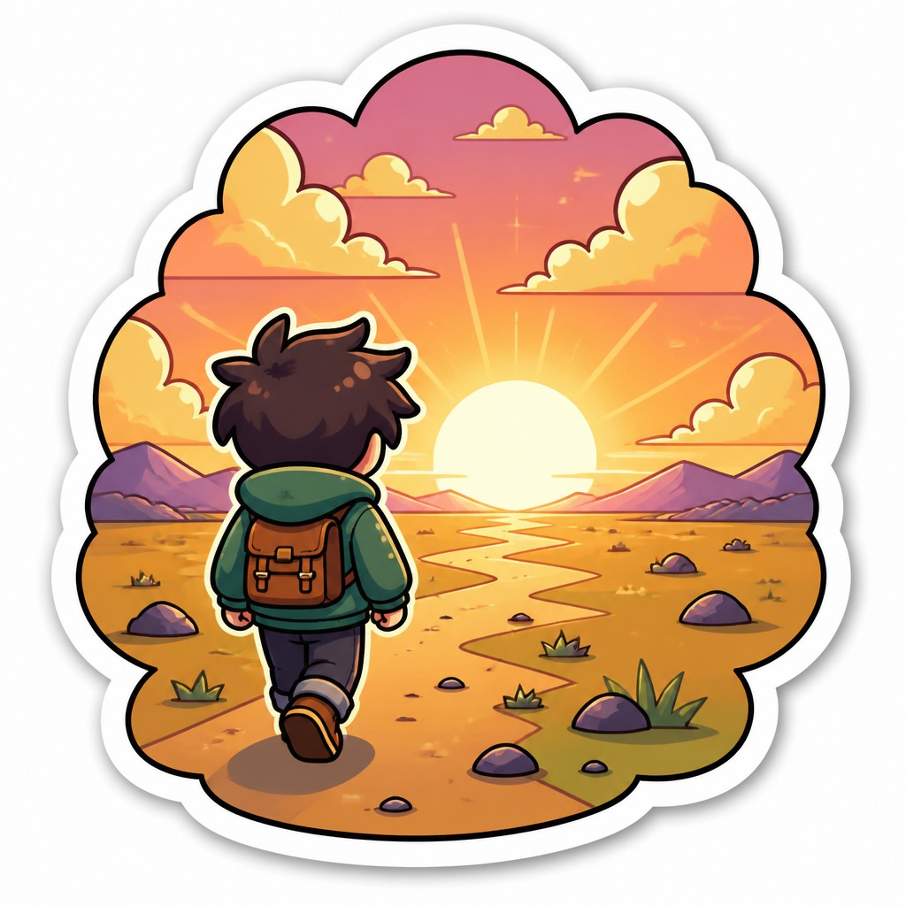 a solitary figure walking toward a glowing horizon across an empty plain, moody atmosphere, no text or lettering