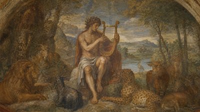 Orpheus ignudi playing the harp in a forest