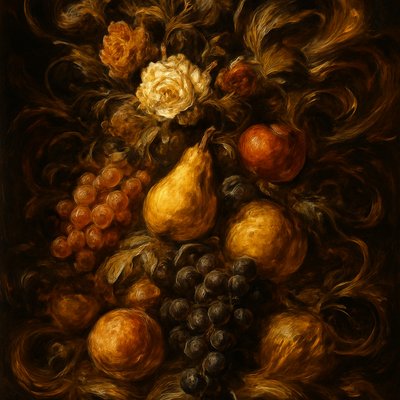 still life arrangement of fruits and flowers