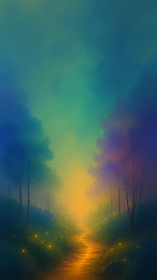 a mysterious forest path with fireflies and drifting mist, atmospheric vertical composition with open space at the top, no text