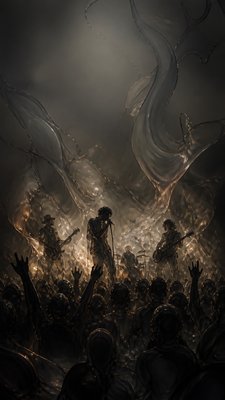 a live music scene with a glowing stage and silhouetted crowd, energetic vertical composition with open space at the top, no text