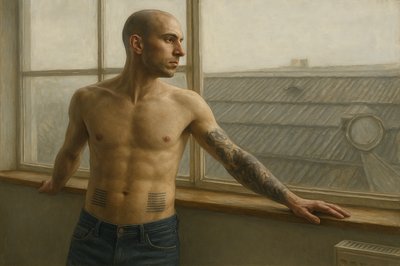 a man with a tattooed arm standing in front of a window