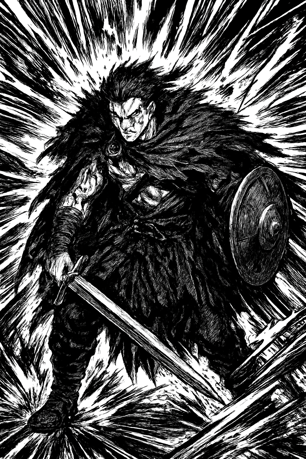 a drawing of a man in armor with a sword and shield