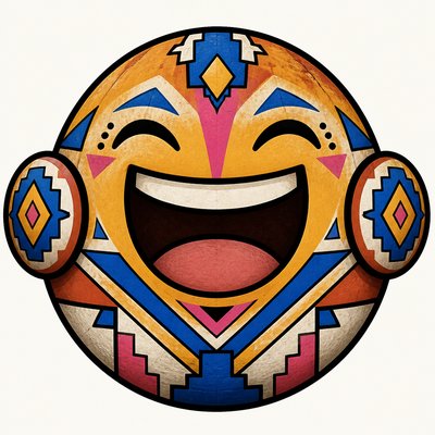 an exaggerated laughing face of an original round mascot character, bold and readable at small size, plain background, no text