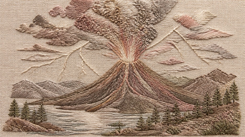 an erupting volcano with lightning strikes, dramatic wide composition, no text