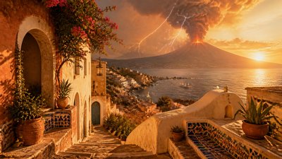 an erupting volcano with lightning strikes, dramatic wide composition, no text