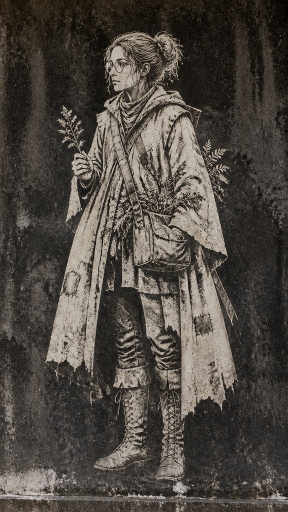 full-body original character: a wandering botanist with a satchel of plants, a patched green cloak, tall boots and round glasses, neutral background