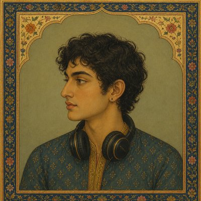 head-and-shoulders portrait of an original character: a young man with curly dark hair and headphones around his neck, plain backdrop, no text
