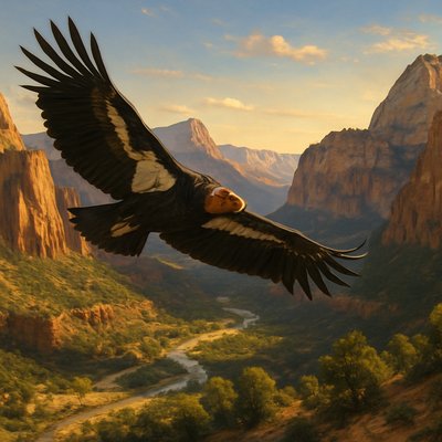 "Create a realistic image of a majestic California Condor in flight, soaring high above the dramatic red sandstone cliffs and deep canyons of Zion National Park in Utah. The condor has black feathers with white patches under its massive wings, a bald head with orange hues, and a wingspan of about 10 feet. Below, show the iconic landscape with towering rock formations, sparse green vegetation, the Virgin River winding through the valley, and distant snow-capped peaks under a clear blue sky at golden hour sunset for warm lighting and long shadows. High detail, photorealistic style, wide-angle view to capture the vastness of the park."

