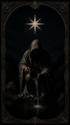 a robed figure pouring water beneath a large eight-pointed star in a night sky, symmetrical composition with an ornate decorative border, no text